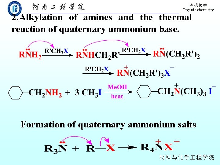 有机化学 Organic chemistry 2. Alkylation of amines and thermal reaction of quaternary ammonium base.