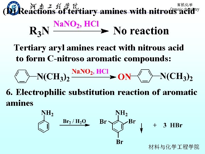 有机化学 Organic chemistry (D) Reactions of tertiary amines with nitrous acid Tertiary aryl amines