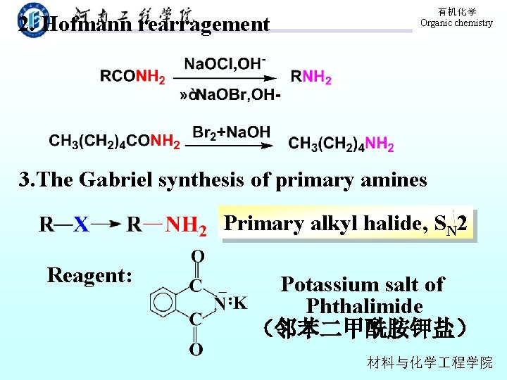 2. Hofmann rearragement 有机化学 Organic chemistry 3. The Gabriel synthesis of primary amines Primary