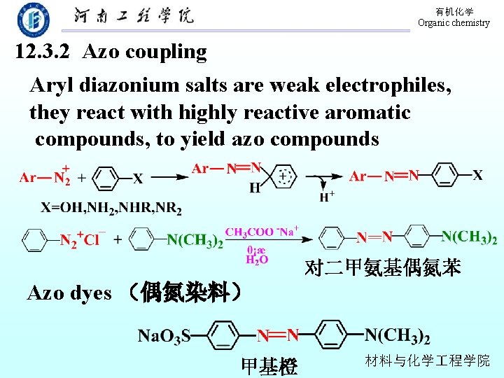 有机化学 Organic chemistry 12. 3. 2 Azo coupling Aryl diazonium salts are weak electrophiles,