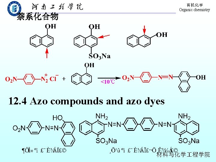 有机化学 Organic chemistry 萘系化合物 12. 4 Azo compounds and azo dyes 材料与化学 程学院 