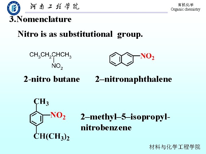 有机化学 Organic chemistry 3. Nomenclature Nitro is as substitutional group. 2 -nitro butane 2–nitronaphthalene