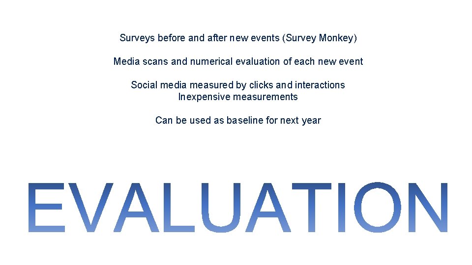 Surveys before and after new events (Survey Monkey) Media scans and numerical evaluation of