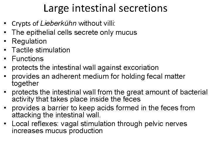 Large intestinal secretions Crypts of Lieberkühn without villi: The epithelial cells secrete only mucus