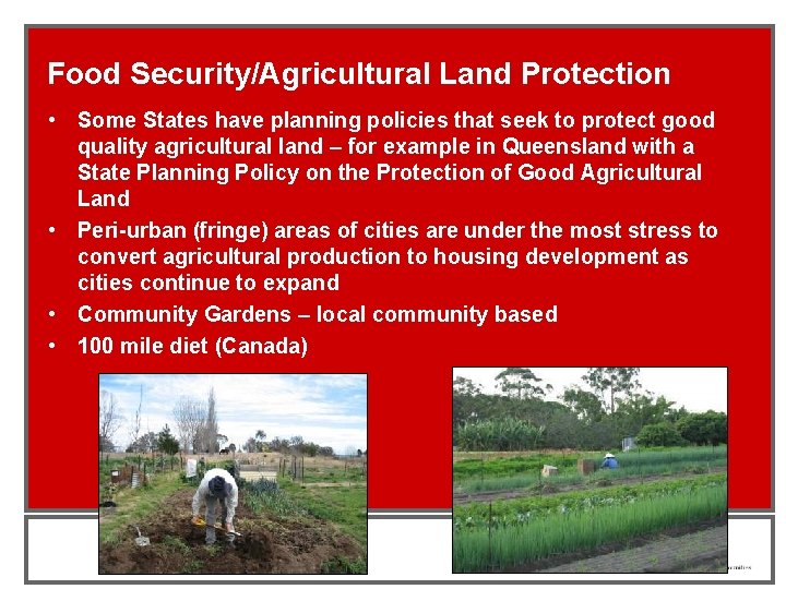 Food Security/Agricultural Land Protection • Some States have planning policies that seek to protect