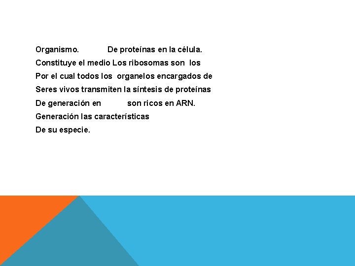 Organismo. De proteínas en la célula. Constituye el medio Los ribosomas son los Por