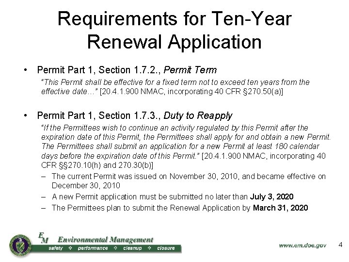 Requirements for Ten-Year Renewal Application • Permit Part 1, Section 1. 7. 2. ,