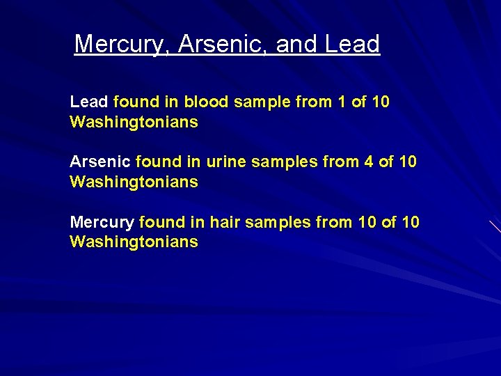 Mercury, Arsenic, and Lead found in blood sample from 1 of 10 Washingtonians Arsenic