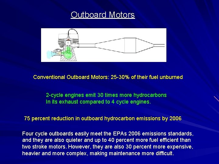 Outboard Motors Conventional Outboard Motors: 25 -30% of their fuel unburned 2 -cycle engines