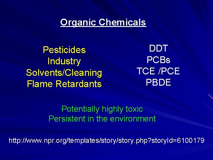 Organic Chemicals Pesticides Industry Solvents/Cleaning Flame Retardants DDT PCBs TCE /PCE PBDE Potentially highly
