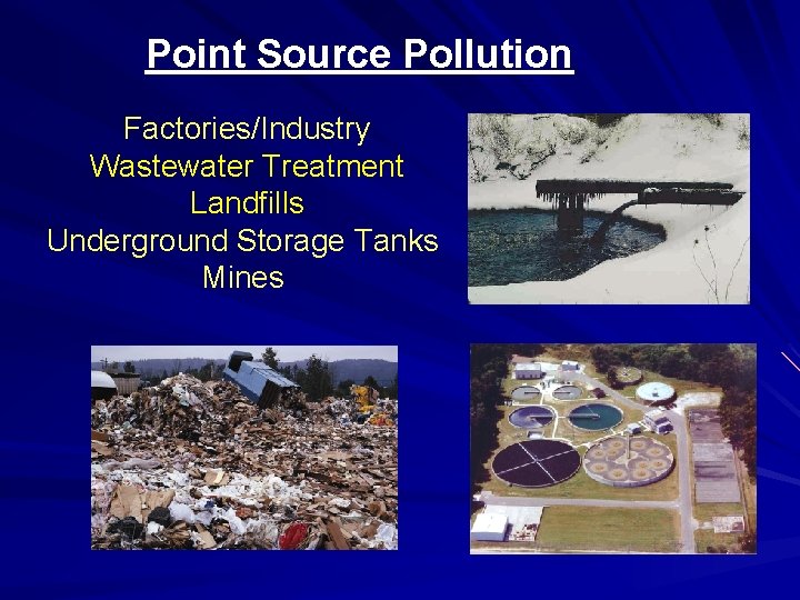 Point Source Pollution Factories/Industry Wastewater Treatment Landfills Underground Storage Tanks Mines 