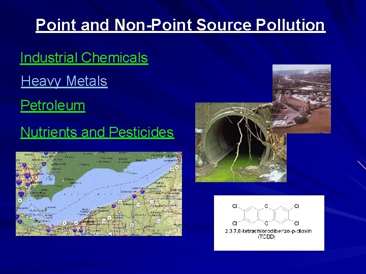 Point and Non-Point Source Pollution Industrial Chemicals Heavy Metals Petroleum Nutrients and Pesticides 