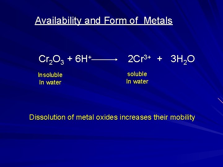 Availability and Form of Metals Cr 2 O 3 + 6 H+ 2 Cr