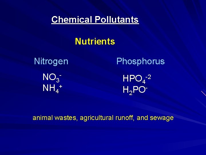 Chemical Pollutants Nutrients Nitrogen NO 3 NH 4+ Phosphorus HPO 4 -2 H 2