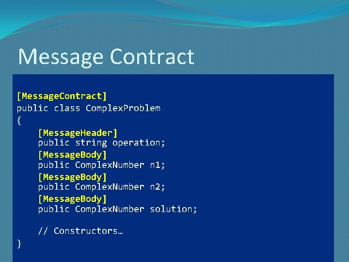 Message Contract [Message. Contract] public class Complex. Problem { [Message. Header] public string operation;