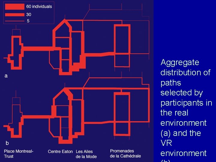 Aggregate distribution of paths selected by participants in the real environment (a) and the