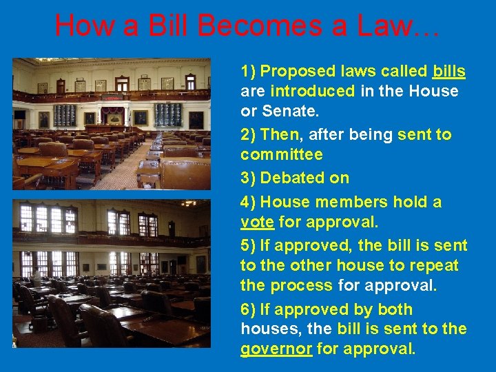 How a Bill Becomes a Law… 1) Proposed laws called bills are introduced in