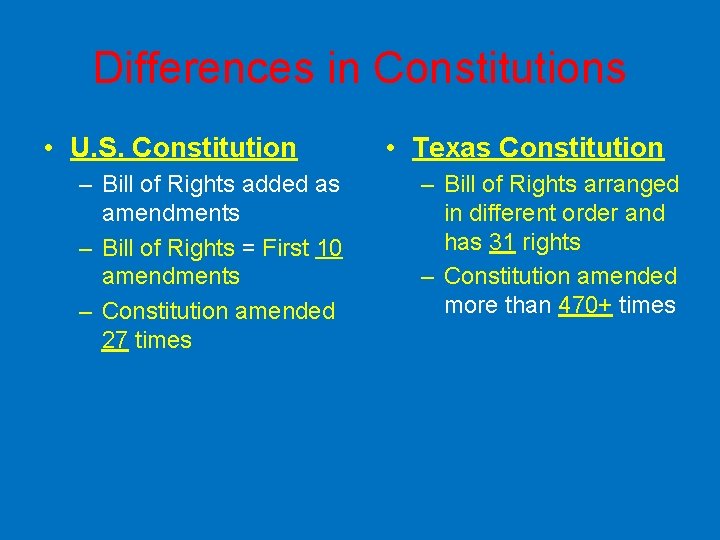 Differences in Constitutions • U. S. Constitution – Bill of Rights added as amendments