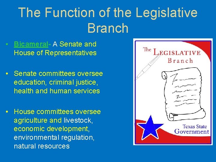 The Function of the Legislative Branch • Bicameral- A Senate and House of Representatives