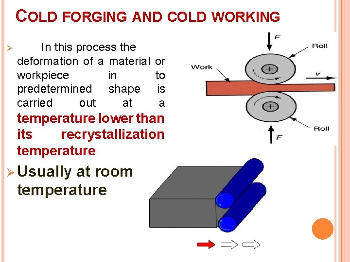 COLD FORGING AND COLD WORKING Ø In this process the deformation of a material