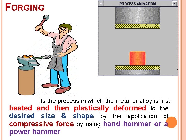 FORGING Is the process in which the metal or alloy is first heated and