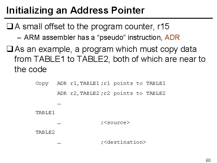 Initializing an Address Pointer q A small offset to the program counter, r 15