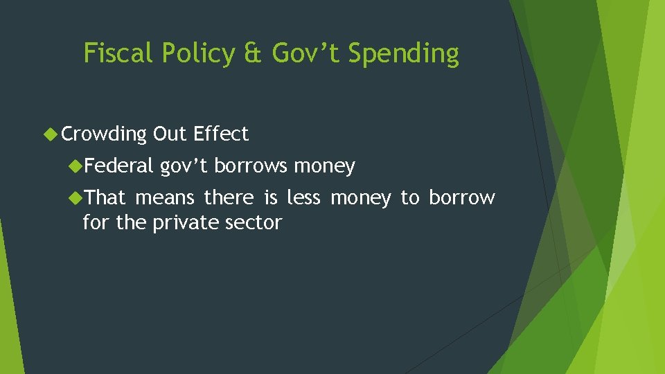 Fiscal Policy & Gov’t Spending Crowding Out Effect Federal That gov’t borrows money means