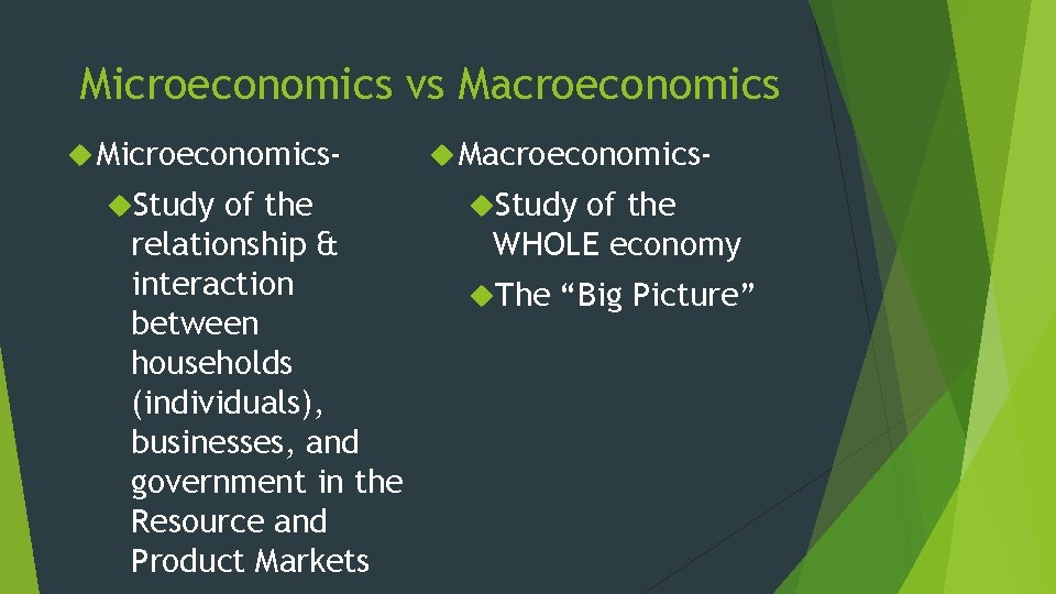 Microeconomics vs Macroeconomics Microeconomics Study of the relationship & interaction between households (individuals), businesses,