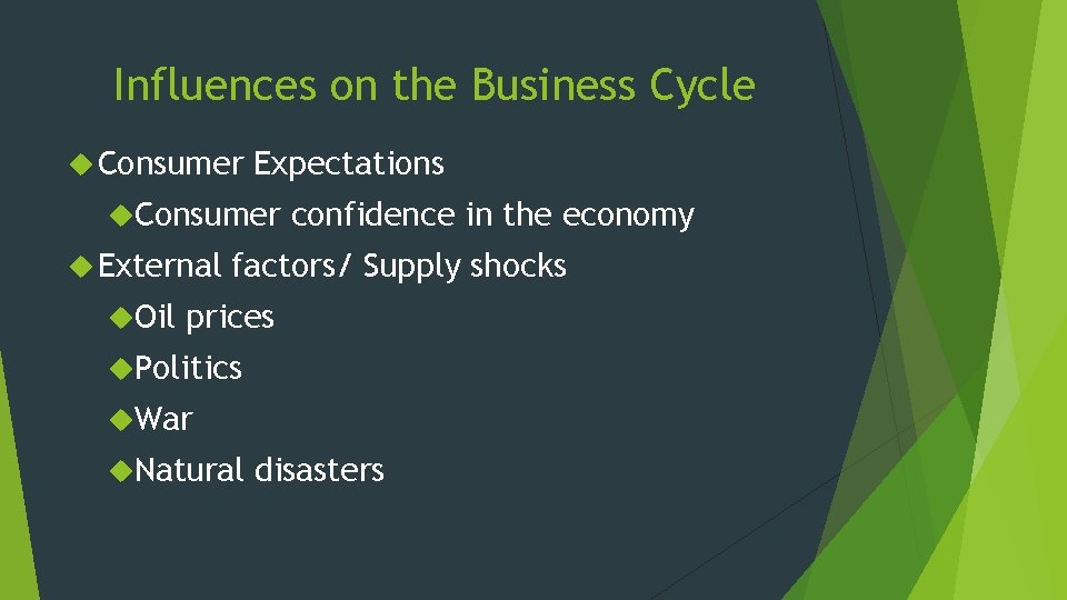 Influences on the Business Cycle Consumer Expectations Consumer External Oil confidence in the economy