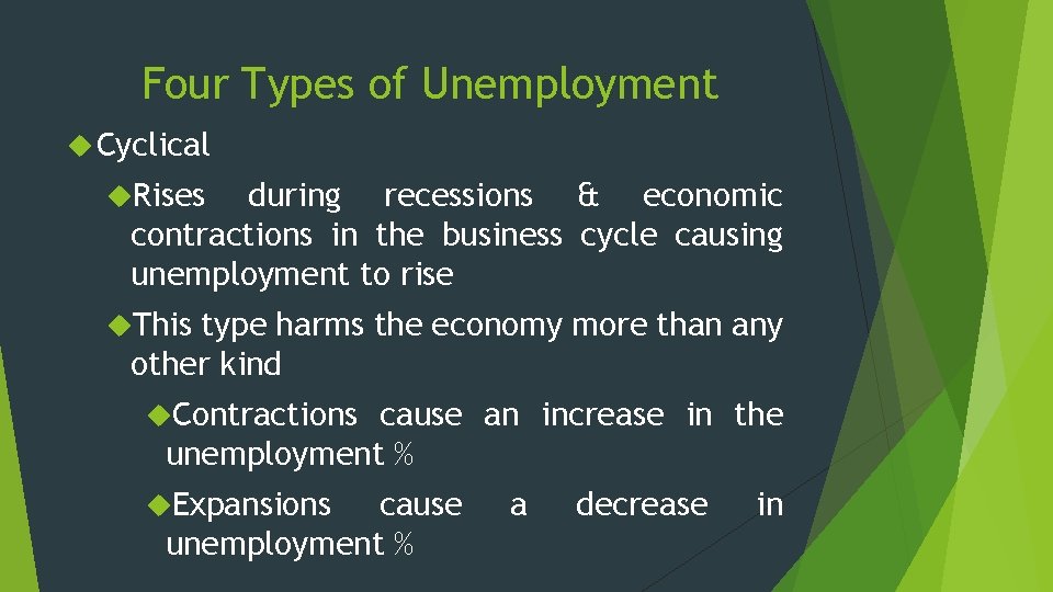 Four Types of Unemployment Cyclical Rises during recessions & economic contractions in the business