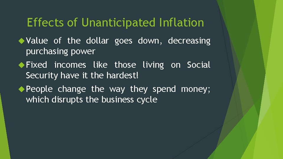 Effects of Unanticipated Inflation Value of the dollar goes down, decreasing purchasing power Fixed