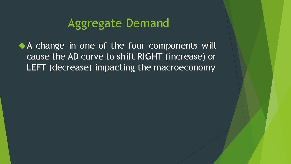 Aggregate Demand A change in one of the four components will cause the AD