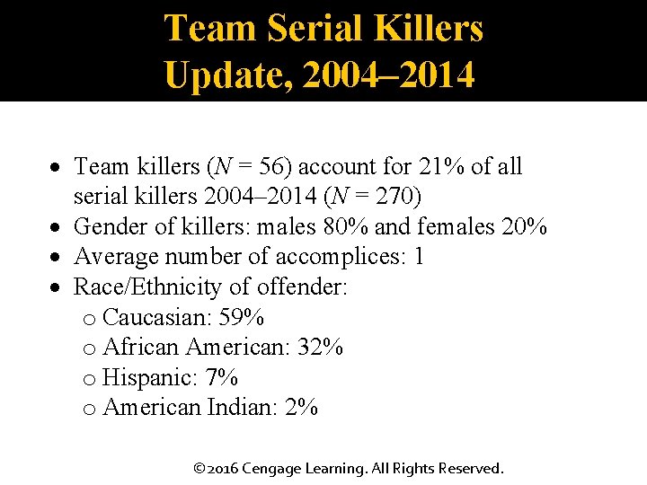 Team Serial Killers Update, 2004– 2014 Team killers (N = 56) account for 21%