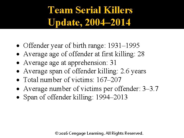 Team Serial Killers Update, 2004– 2014 Offender year of birth range: 1931– 1995 Average