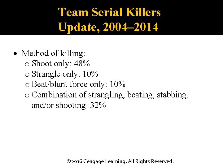 Team Serial Killers Update, 2004– 2014 Method of killing: o Shoot only: 48% o