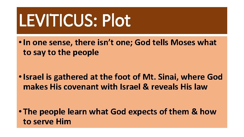 LEVITICUS: Plot • In one sense, there isn’t one; God tells Moses what to