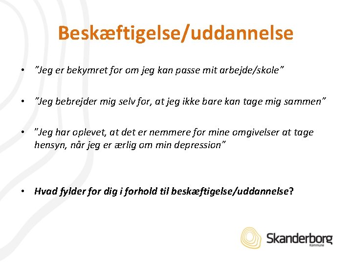 Beskæftigelse/uddannelse • ”Jeg er bekymret for om jeg kan passe mit arbejde/skole” • ”Jeg