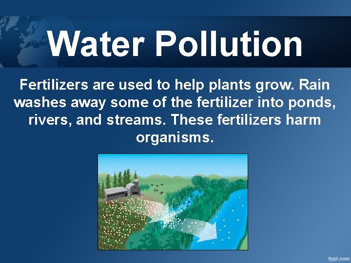 Water Pollution Fertilizers are used to help plants grow. Rain washes away some of