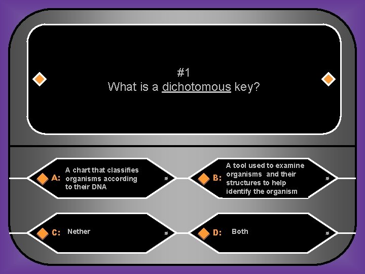 #1 What is a dichotomous key? A chart that classifies A: organisms according to