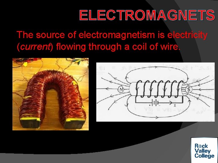ELECTROMAGNETS The source of electromagnetism is electricity (current) flowing through a coil of wire.