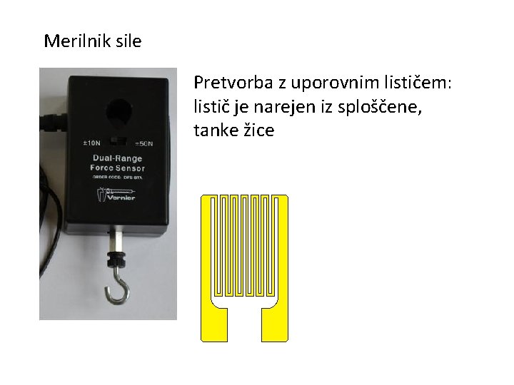 Merilnik sile Pretvorba z uporovnim lističem: listič je narejen iz sploščene, tanke žice 