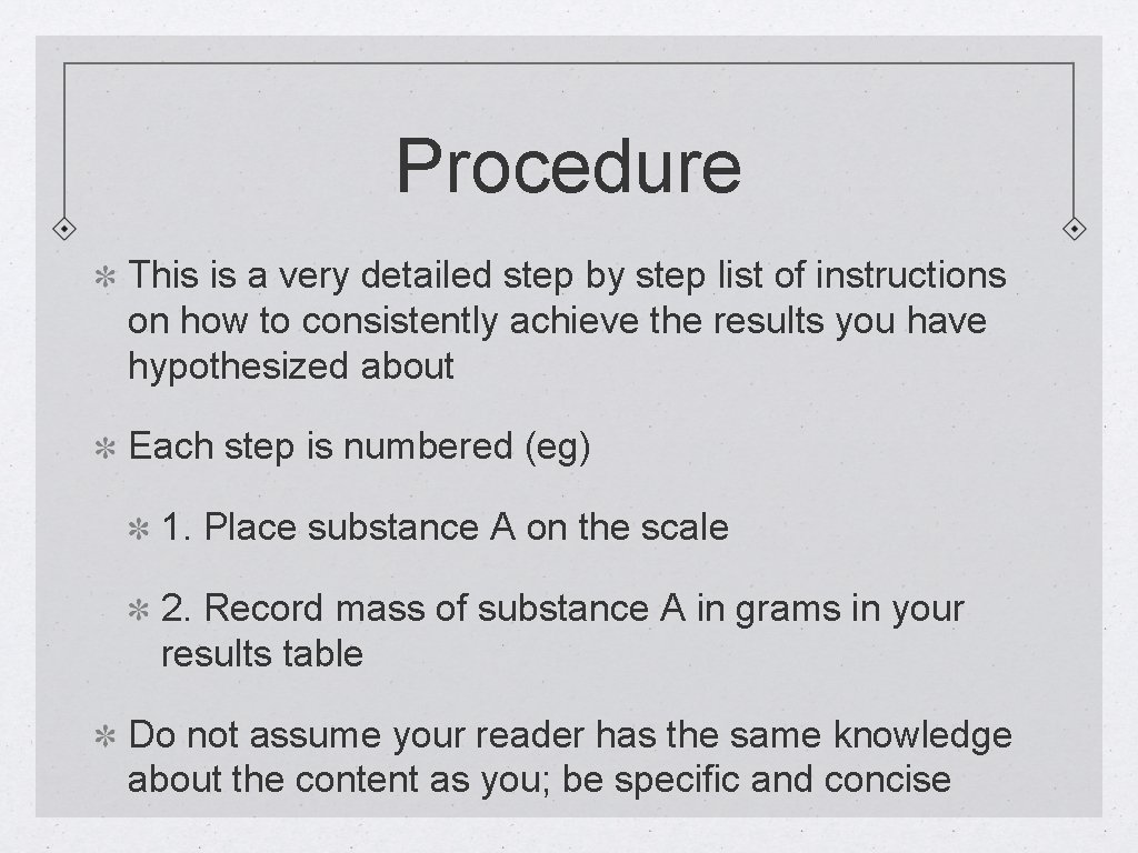 Procedure This is a very detailed step by step list of instructions on how