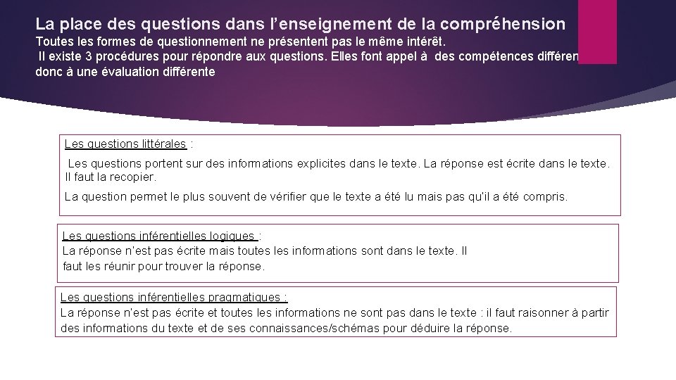 La place des questions dans l’enseignement de la compréhension Toutes les formes de questionnement