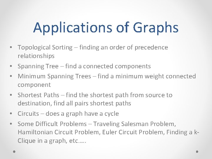 Applications of Graphs • Topological Sorting – finding an order of precedence relationships • Applications of Graphs • Topological Sorting – finding an order of precedence relationships •
