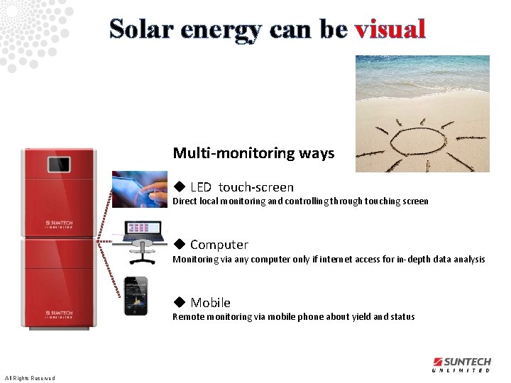 Solar energy can be visual Multi-monitoring ways u LED touch-screen Direct local monitoring and