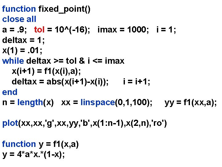 function fixed_point() close all a =. 9; tol = 10^(-16); imax = 1000; i