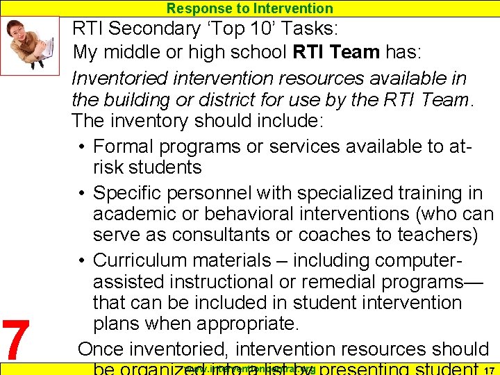 Response to Intervention 7 RTI Secondary ‘Top 10’ Tasks: My middle or high school