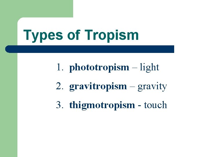 Types of Tropism 1. phototropism – light 2. gravitropism – gravity 3. thigmotropism -