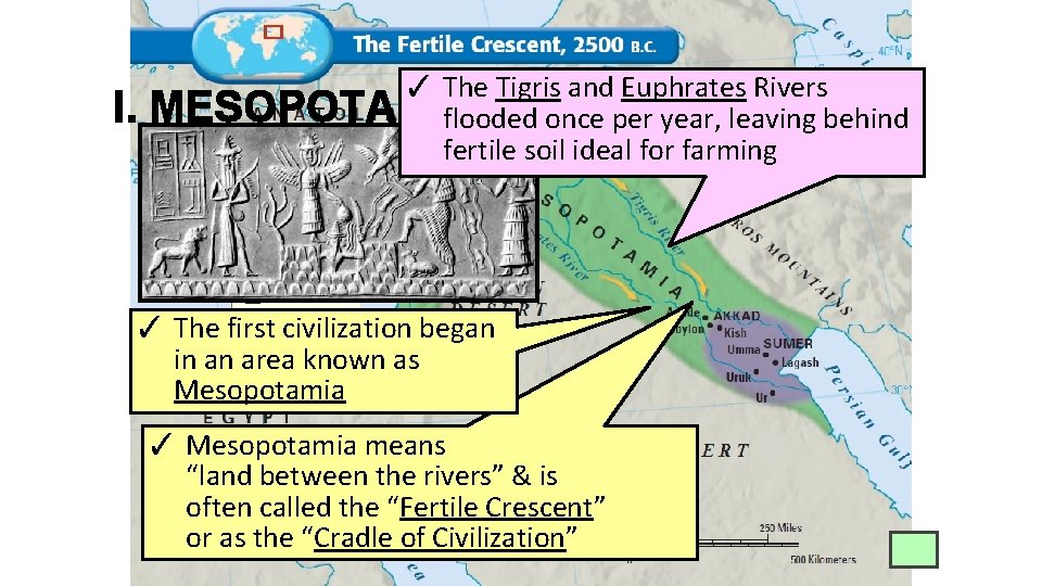 I. ✓ The Tigris and Euphrates Rivers MESOPOTAMIA flooded once per year, leaving behind