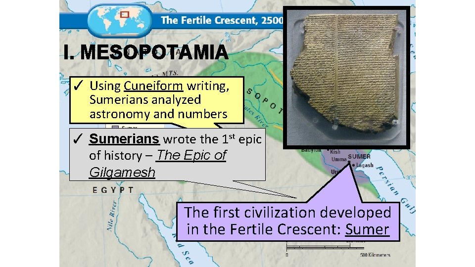 I. MESOPOTAMIA ✓ Using Cuneiform writing, Sumerians analyzed astronomy and numbers ✓ Sumerians wrote